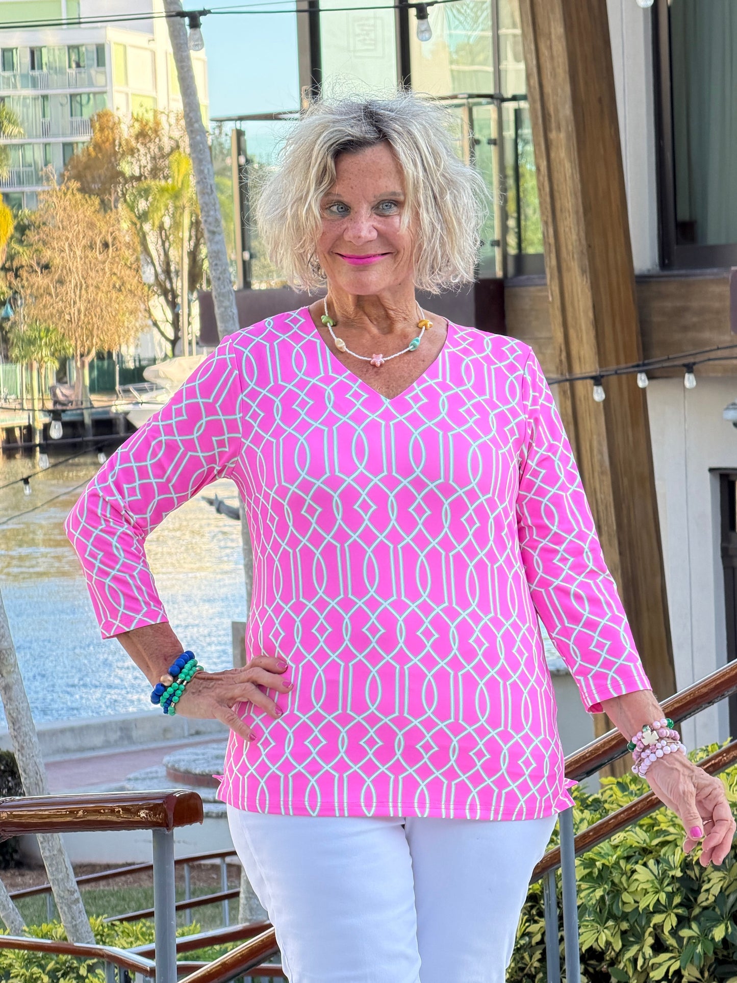 LLULU B PALM BEACH LATTICE V NECK TOP