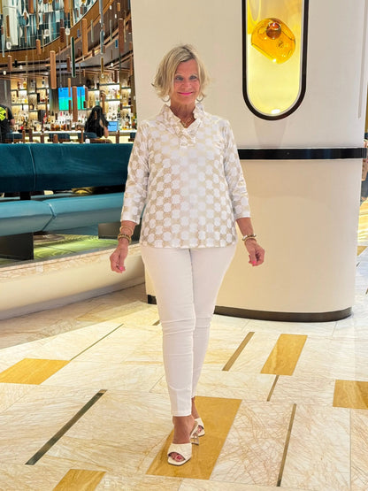 HOLIDAY GOLD AND WHITE RUFFLE TOP