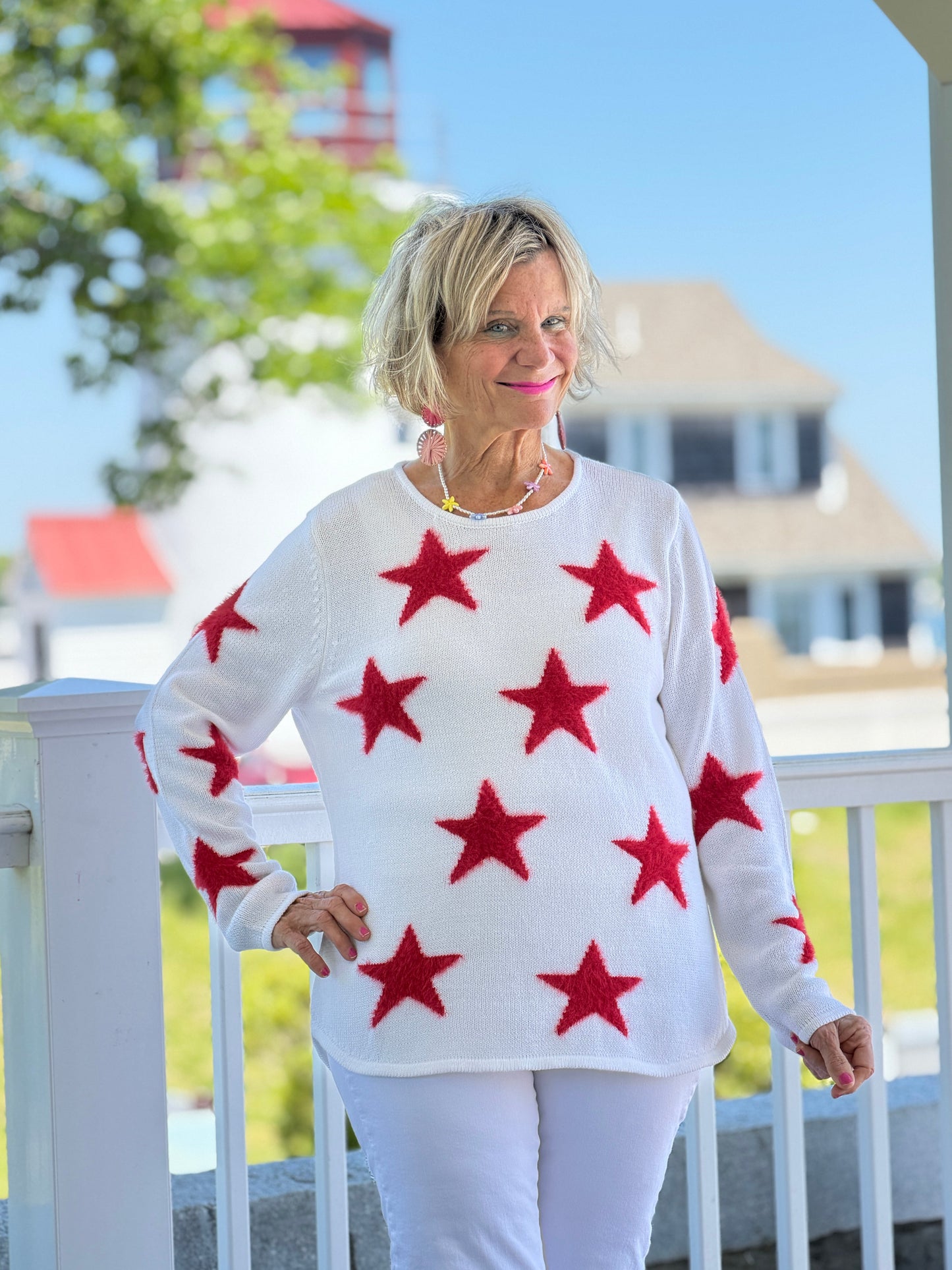 LULU B DOCKSIDE WHITE RED STAR FUZZY SWEATER