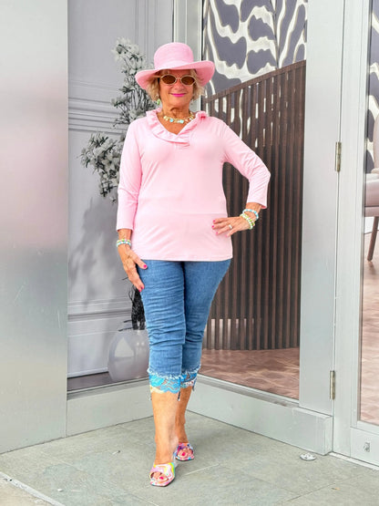 CLEAR PINK RUFFLE SLEEVE TOP
