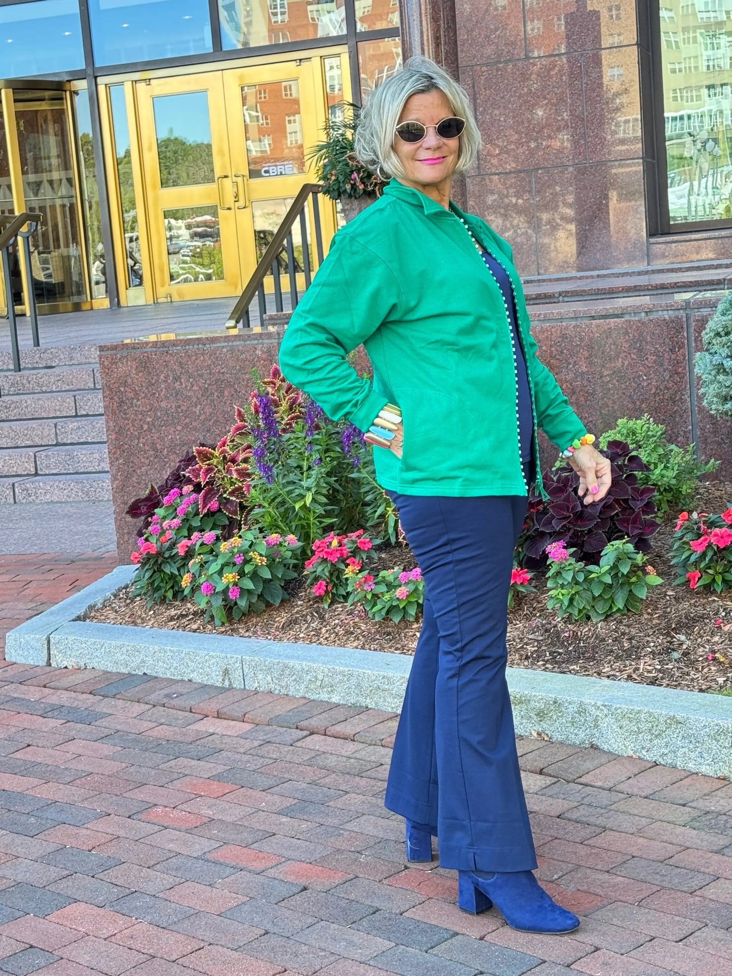 Crystal Zipper Cardigan with Collar Kelly Green