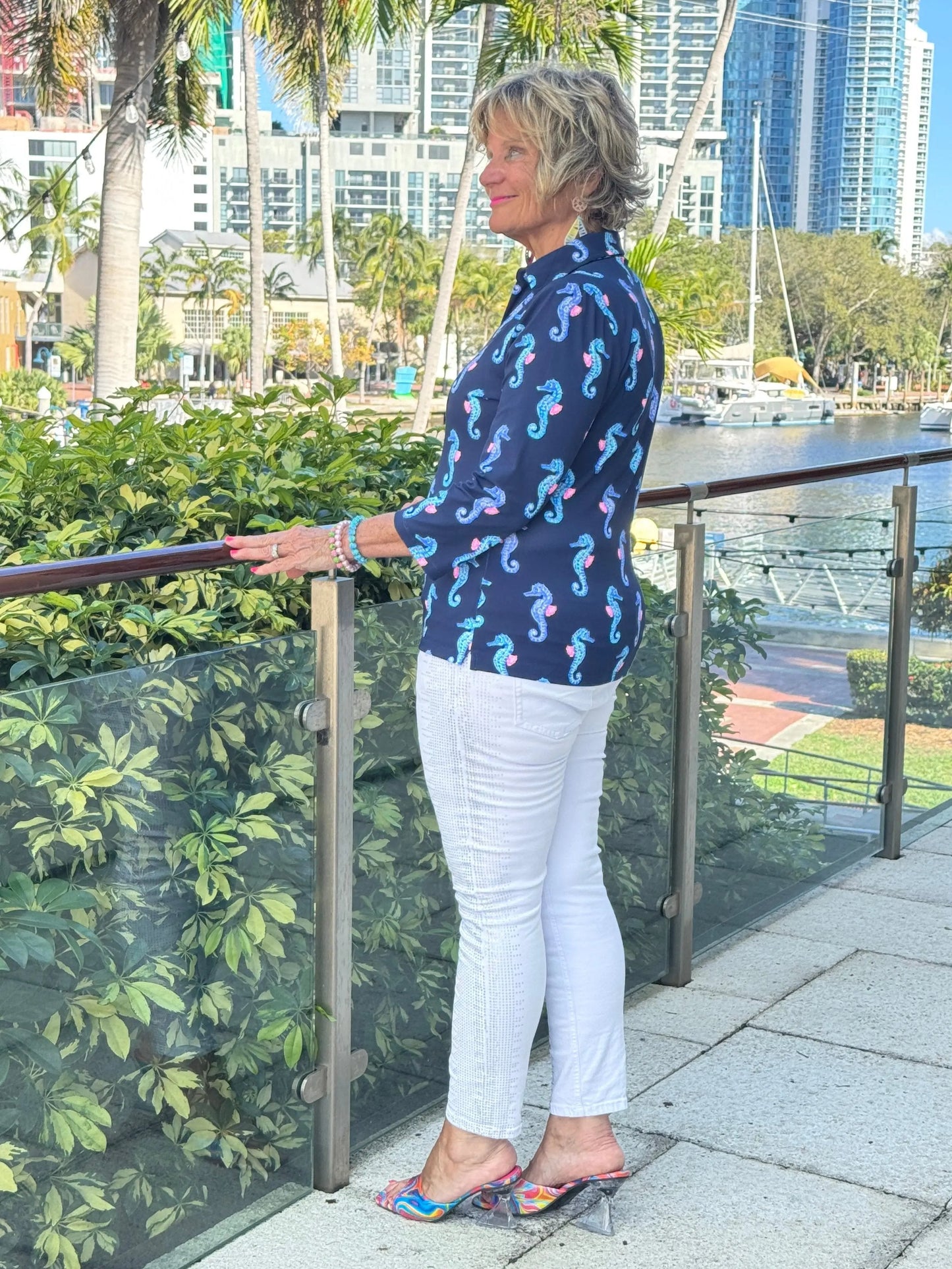 LULU B MIDNIGHT REEF 3/4 SLEEVE V-NECK COLLAR SHIRT