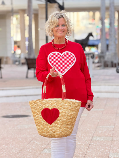 Faux Straw Heart Tote BAg
