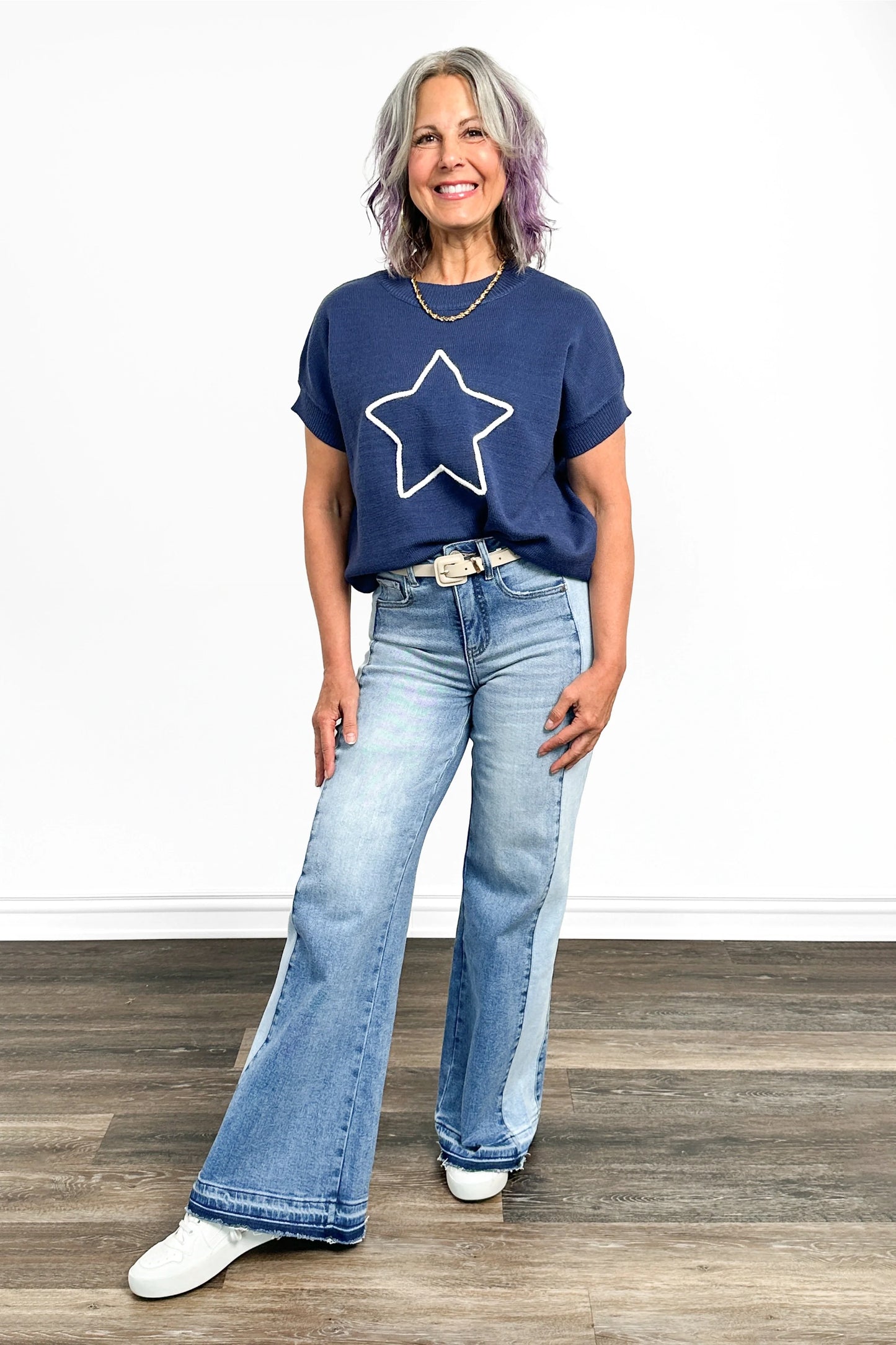 Women's Outlined Star Knit Short Sleeve Sweater by Ava Lane