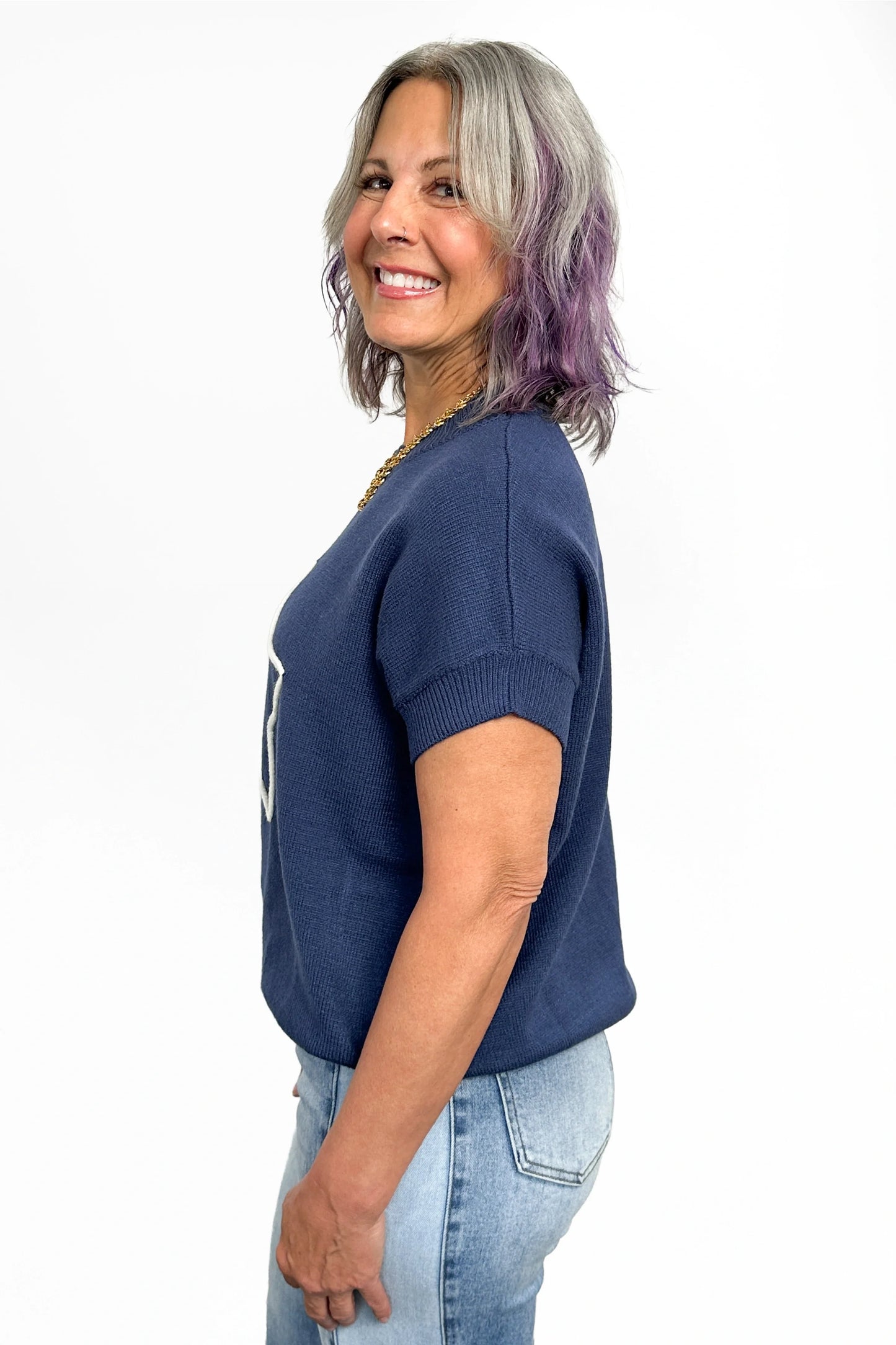 Women's Outlined Star Knit Short Sleeve Sweater by Ava Lane