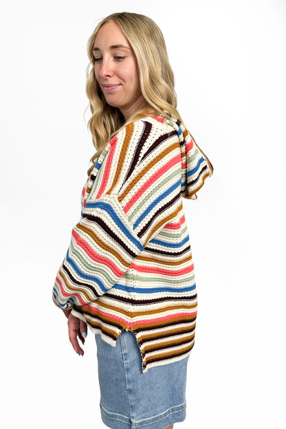 Women's Striped Crochet Hooded Sweater by Ava Lane