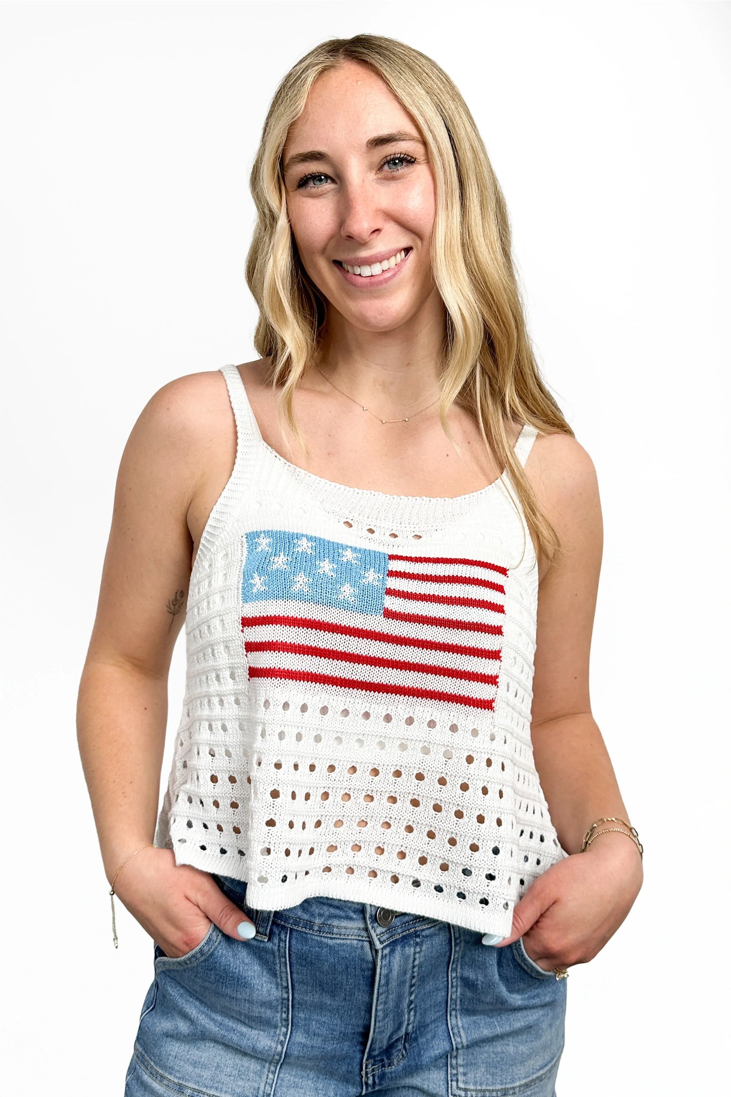 Women's American Flag Open Knit Tank Top by Ava Lane