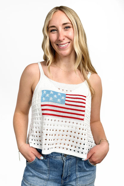 Women's American Flag Open Knit Tank Top by Ava Lane