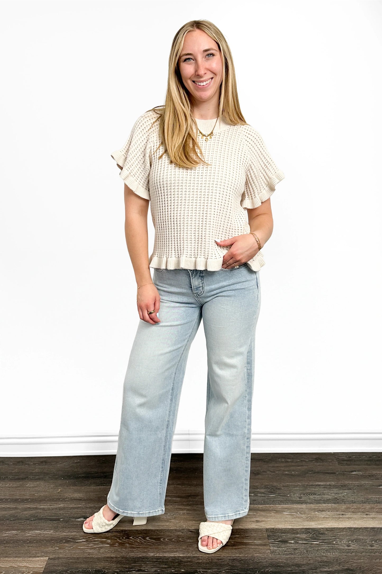 Women's Open Knit Ruffled Hem Short Sleeve Sweater by Ava Lane