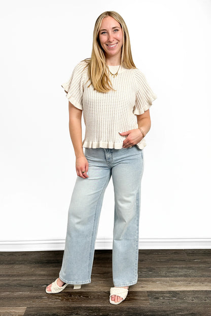 Women's Open Knit Ruffled Hem Short Sleeve Sweater by Ava Lane