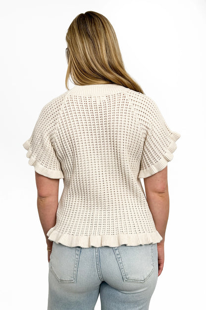 Women's Open Knit Ruffled Hem Short Sleeve Sweater by Ava Lane