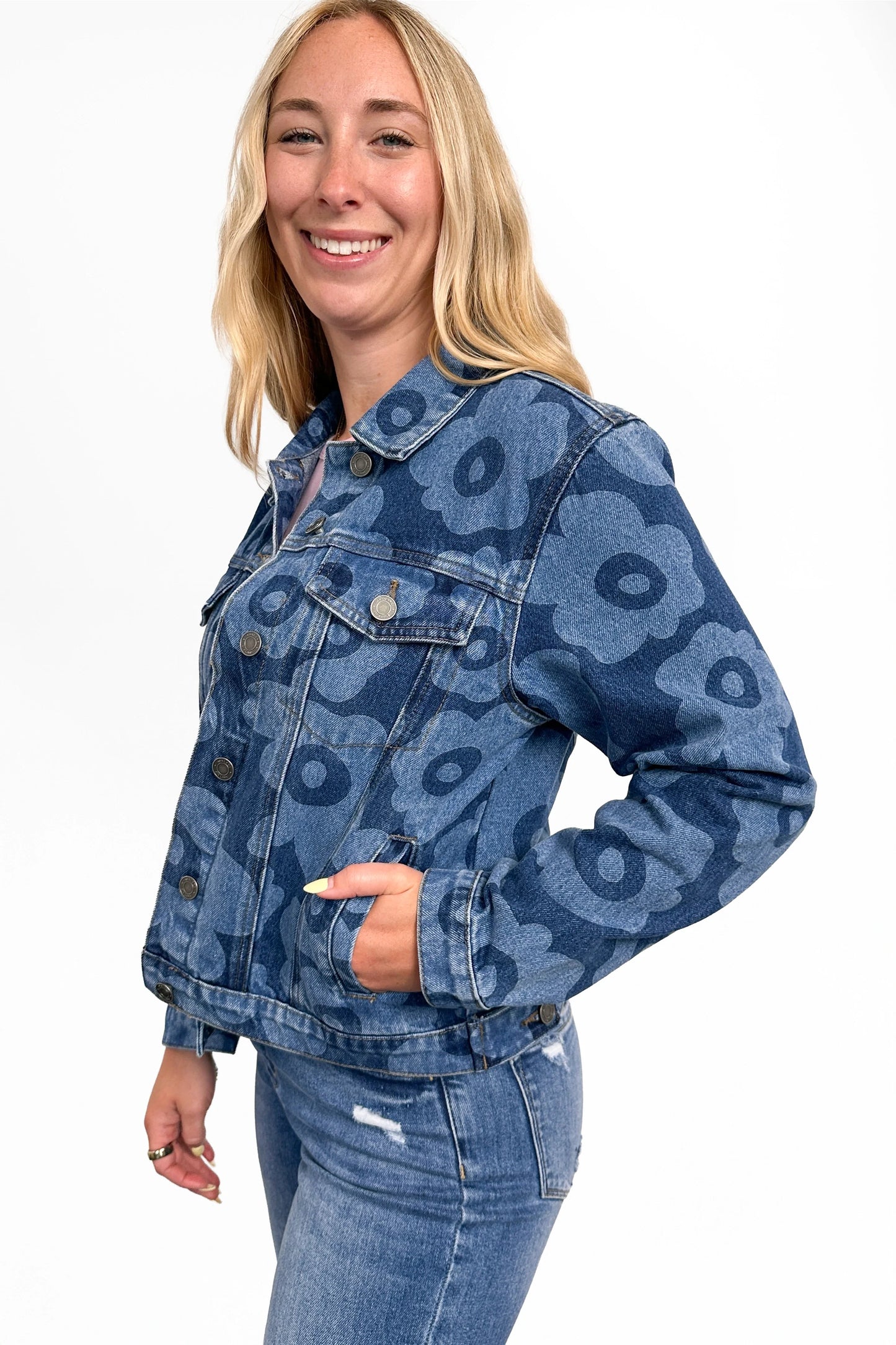 The Palmer Floral Medium Wash Denim Jacket