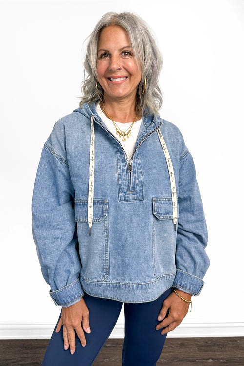 The Tate Long Sleeve Hooded Denim Jacket - Light Blue