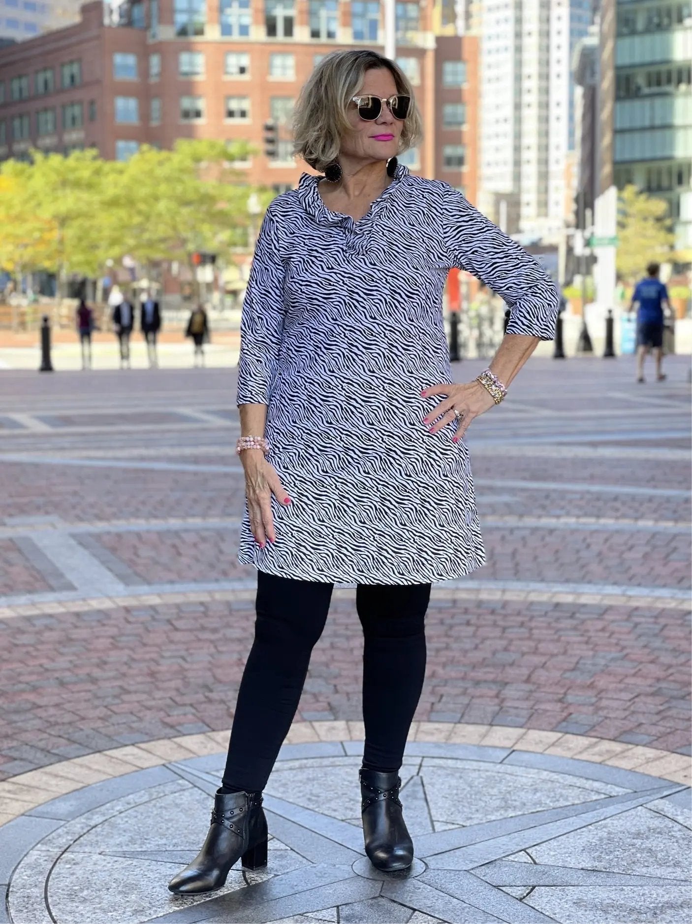BLACK AND WHITE ZEBRA RUFFLE DRESS