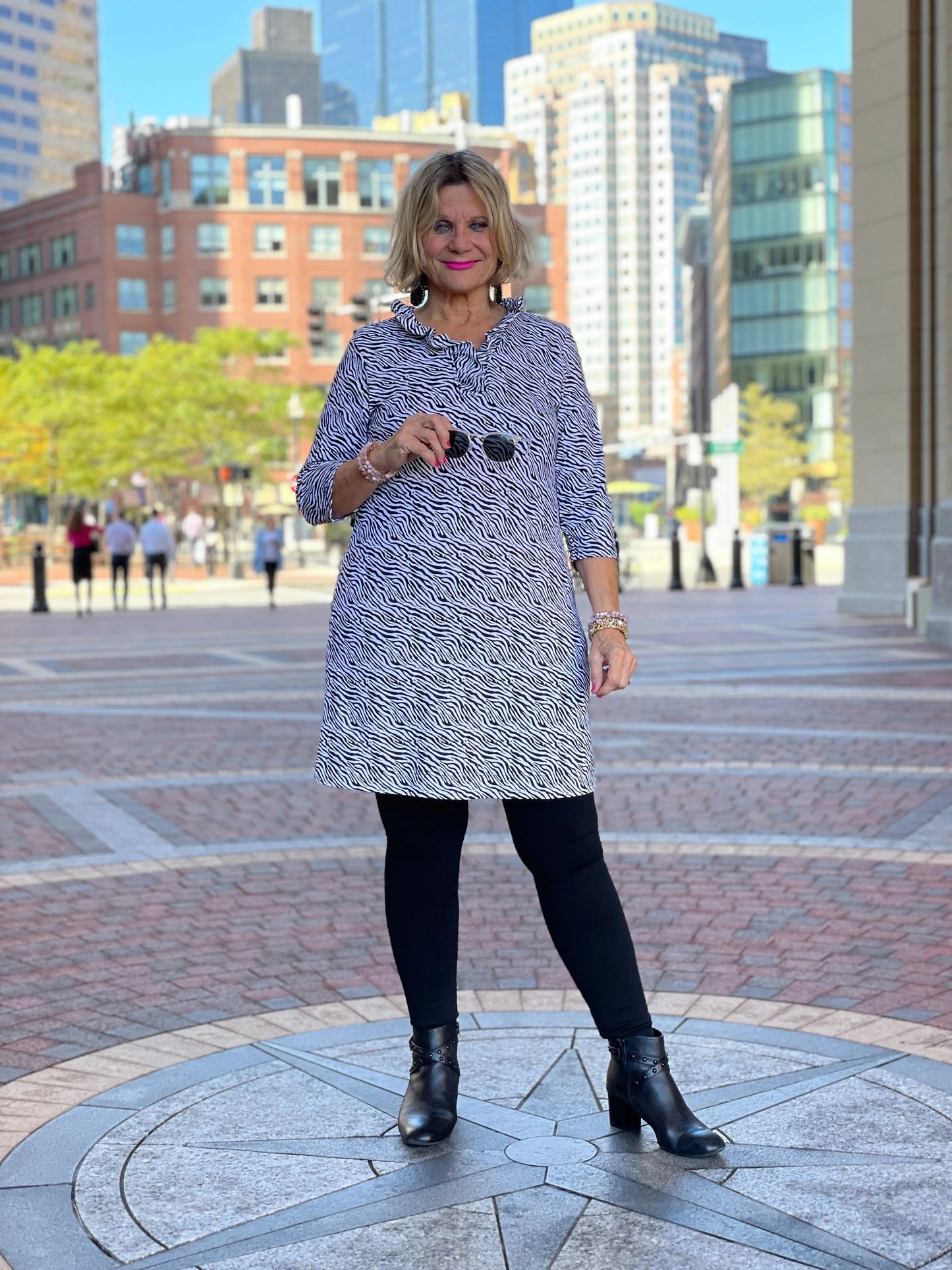 BLACK AND WHITE ZEBRA RUFFLE DRESS