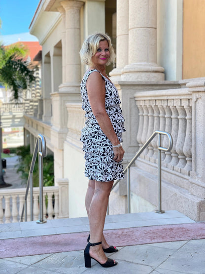 BLACK AND BEIGE LAYERED RUFFLE DRESS