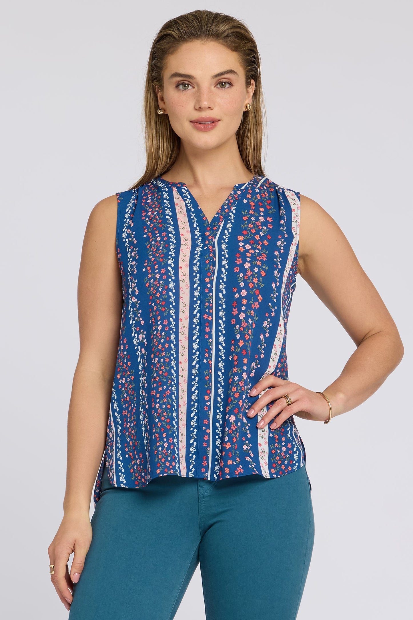 Sleeveless Pintuck Blouse - Floral Ribbons