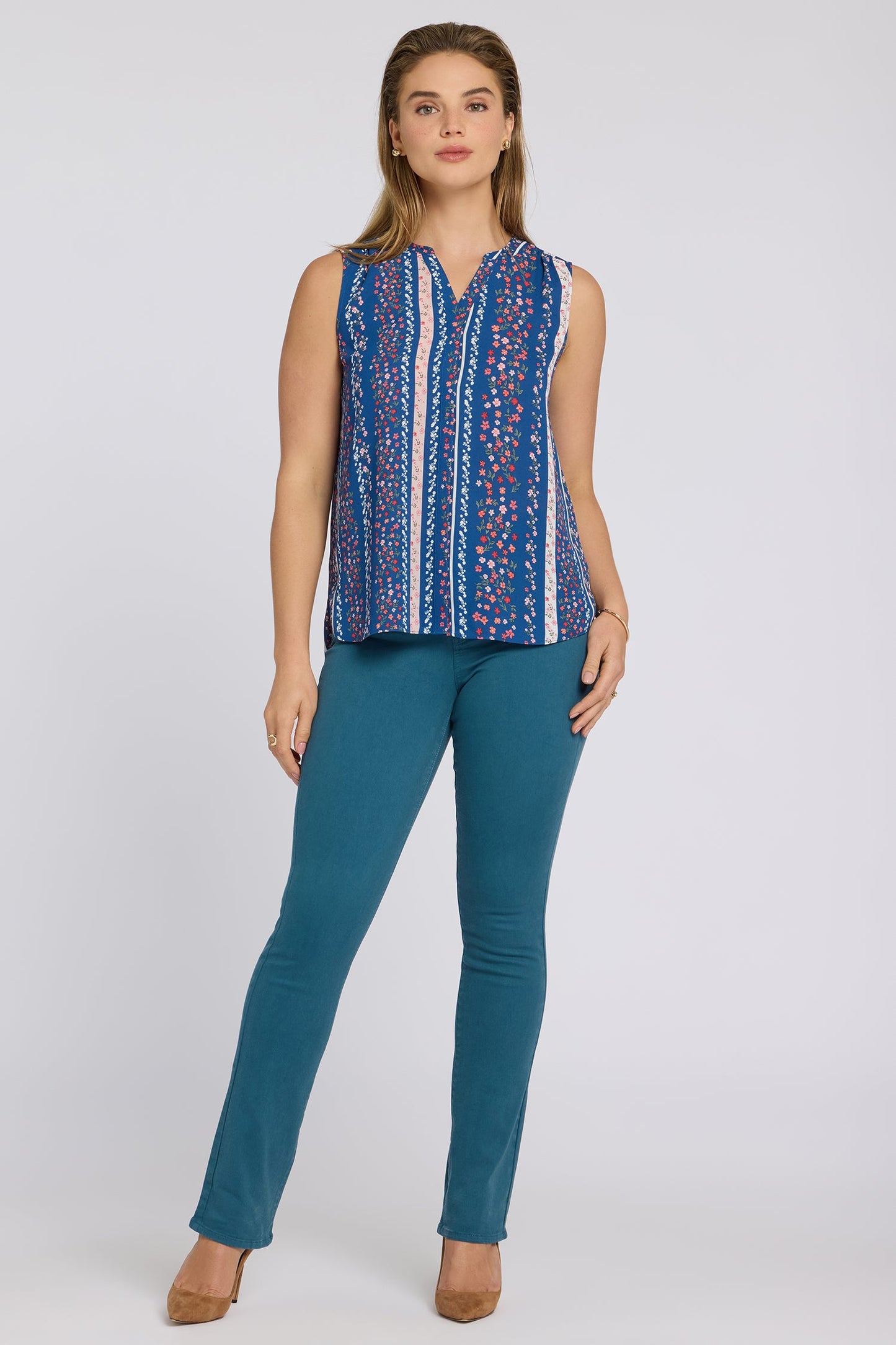 Sleeveless Pintuck Blouse - Floral Ribbons