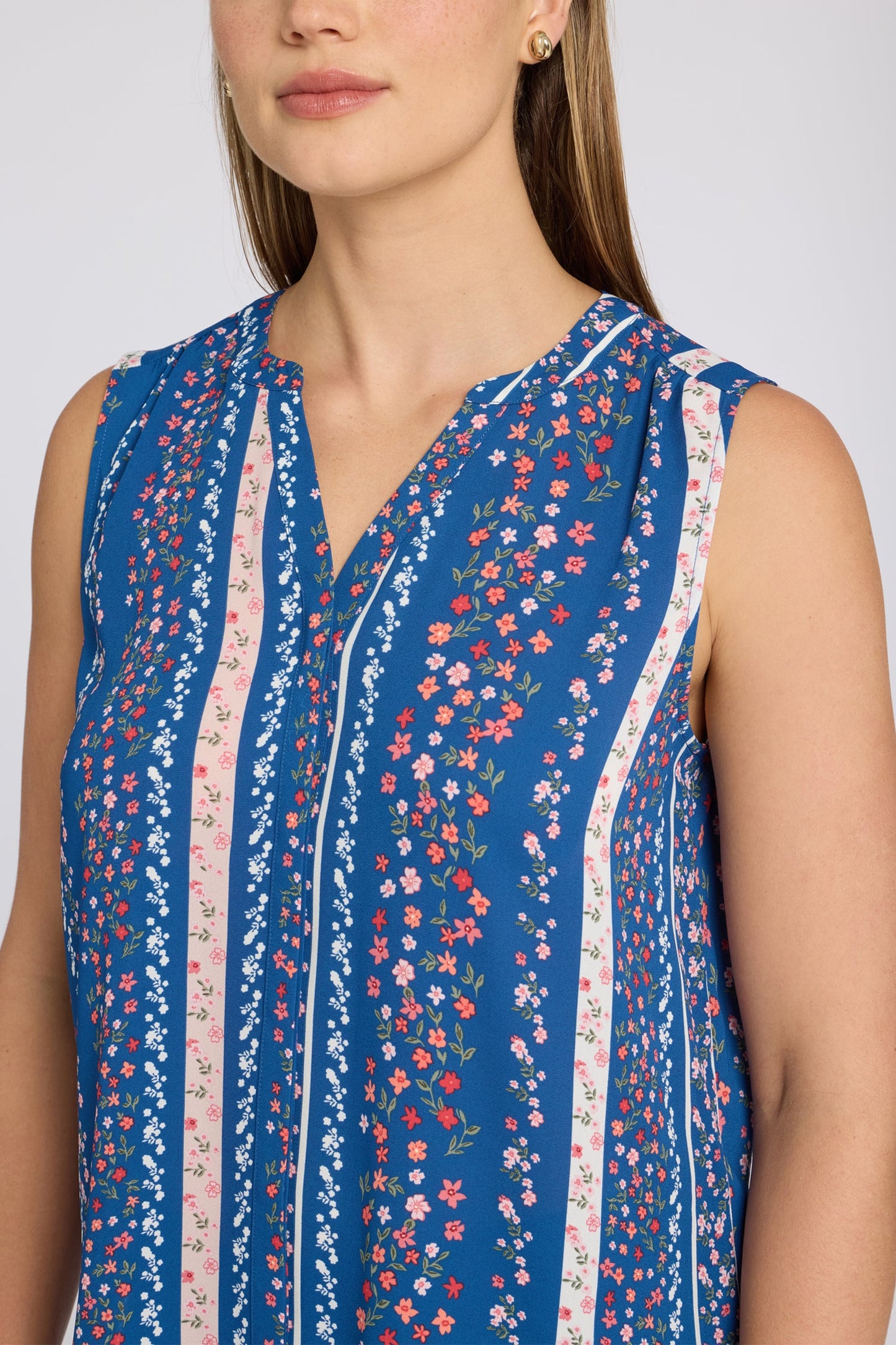 Sleeveless Pintuck Blouse - Floral Ribbons