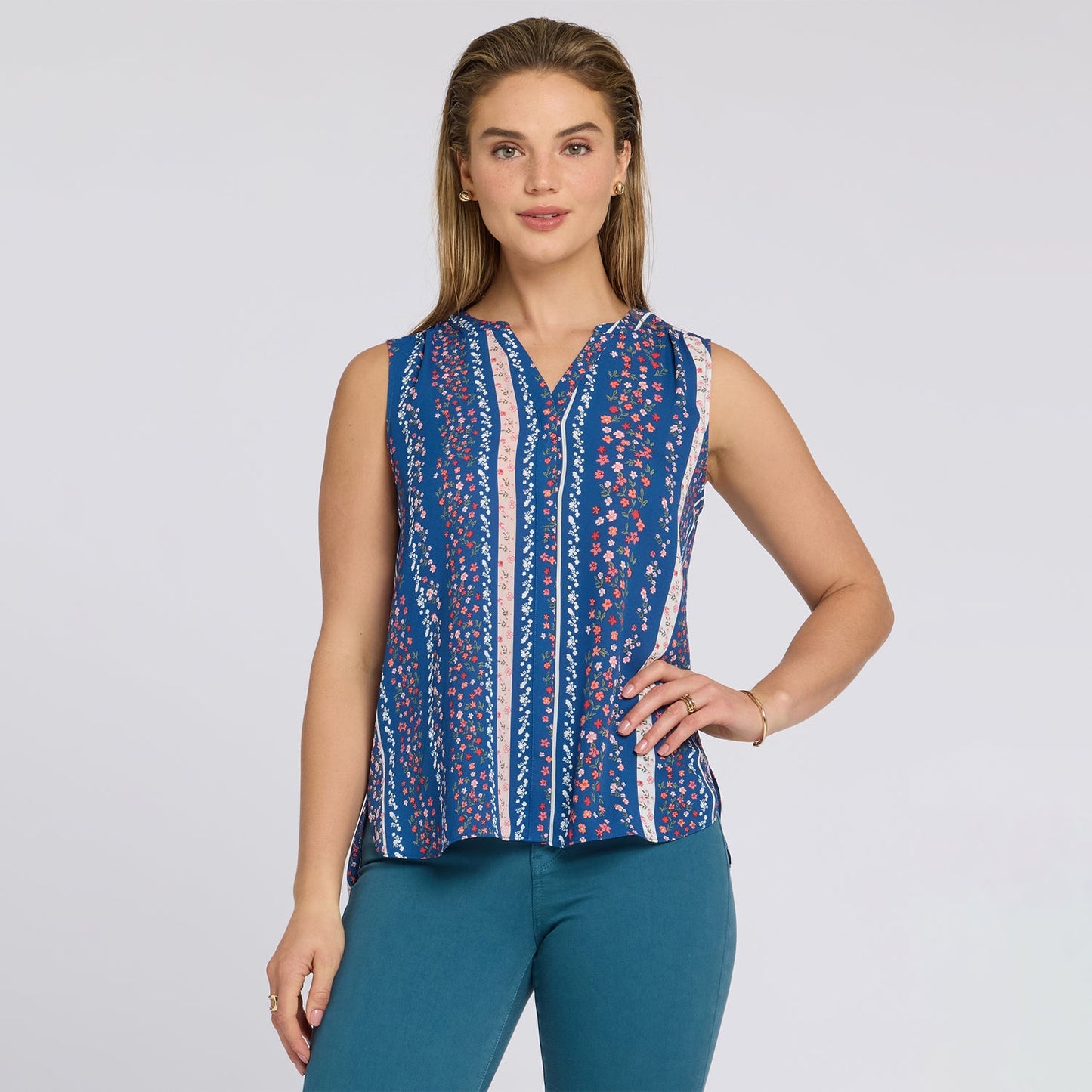 Sleeveless Pintuck Blouse - Floral Ribbons