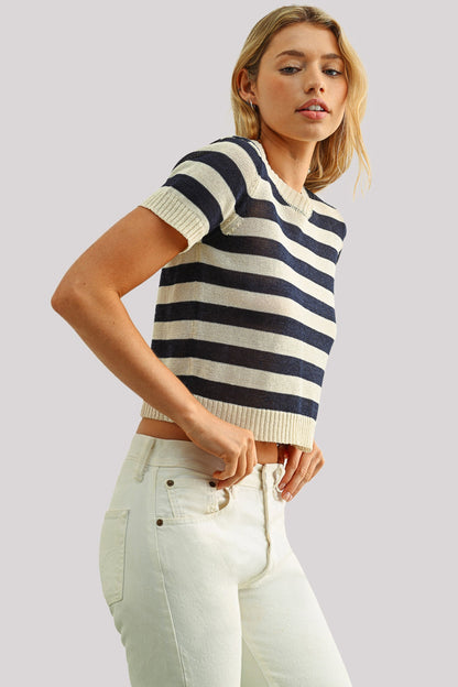 Short Sleeved Striped Top - Blue Stripe