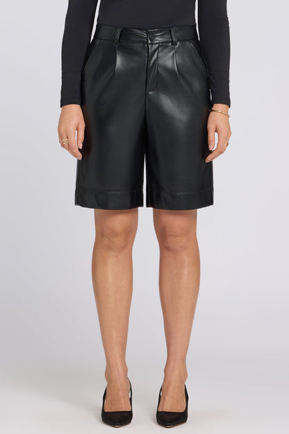 Vegan Stretch Leather Relaxed Bermuda Shorts - Black