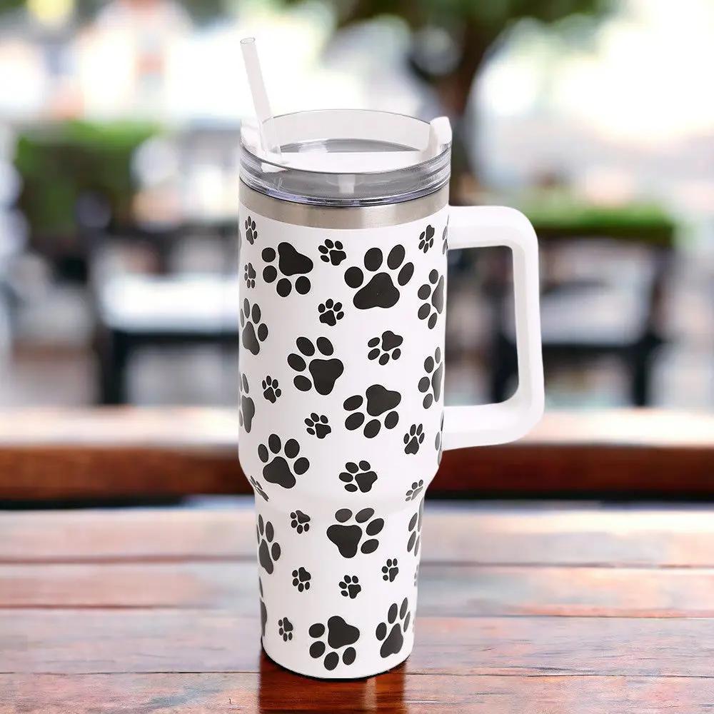 Dog Paw White Printed 40oz Stainless Steel Tumbler With Handle