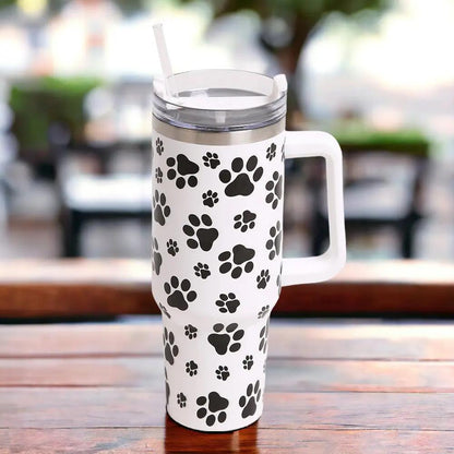 Dog Paw White Printed 40oz Stainless Steel Tumbler With Handle