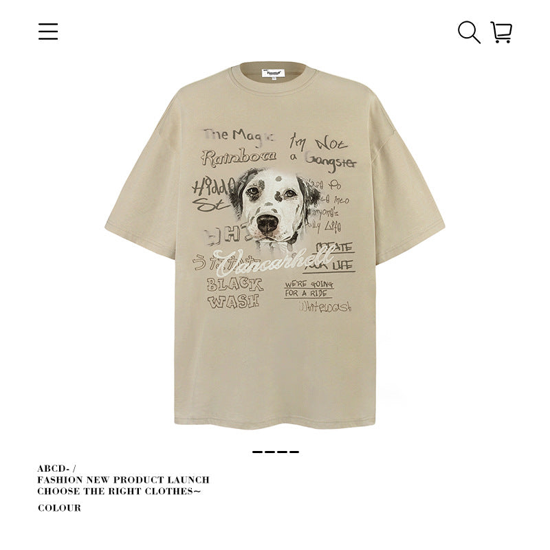 American vintage street T-shirt pure cotton retro men's summer loose half sleeve