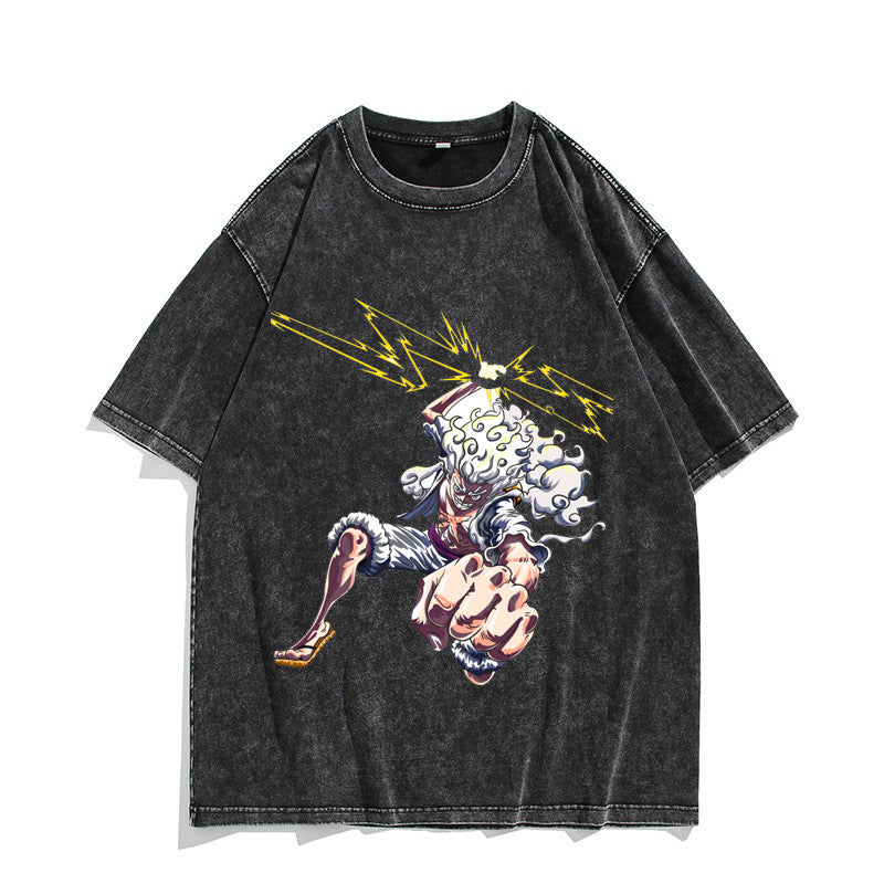 Anime Nika Luffy Washed Old Retro T-Shirt Short Sleeve