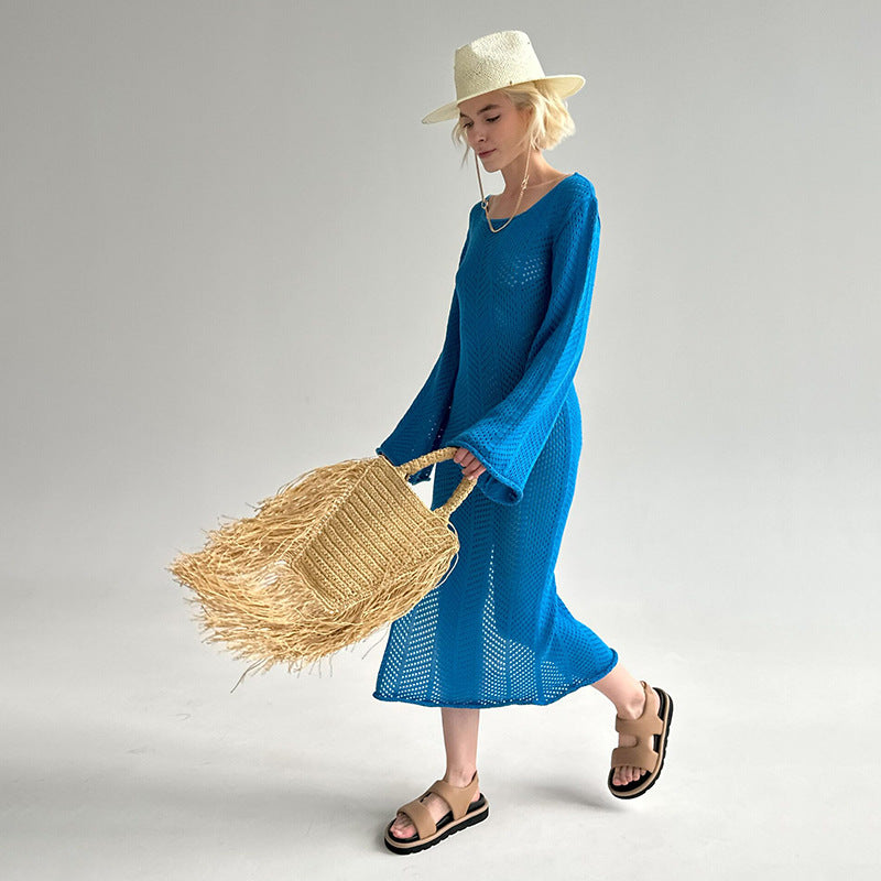 Beach Sweater Dress Autumn Beach Dress Women's Sexy Knitted Hollow Backless Long Sleeve