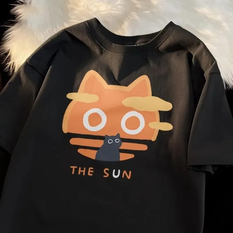 2024 Summer Fan Cat and Women Pure Cotton T-Shirt