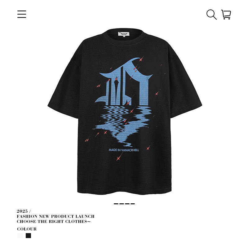American vintage street T-shirt retro reflection print men's loose half sleeve