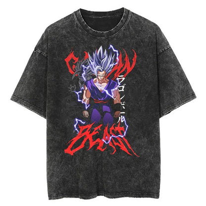 2024Men Tshirt Washed Black Vintage Japanese Anime Dragon