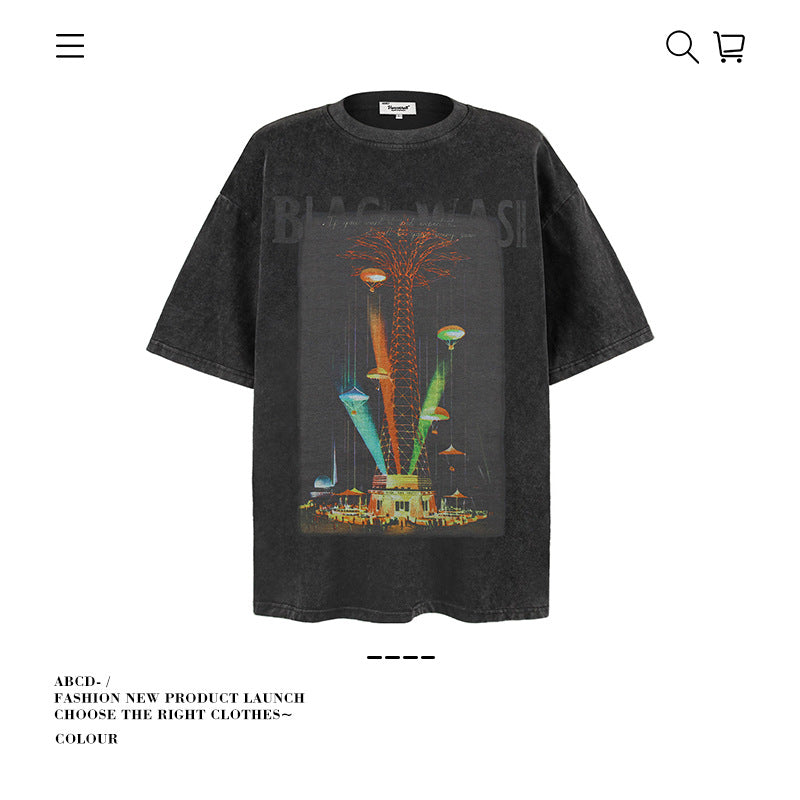 American vintage street T-shirt summer men's loose pure cotton
