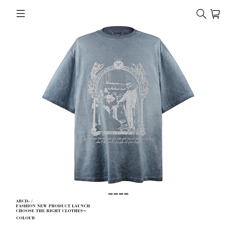 American vintage street T-shirt cotton vintage character print men and women summer loose
