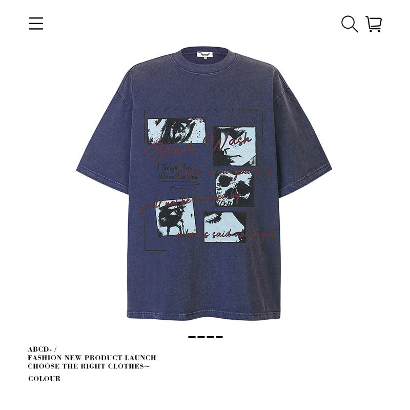 American vintage street T-shirt pure cotton retro men's and women's summer loose half sleeves