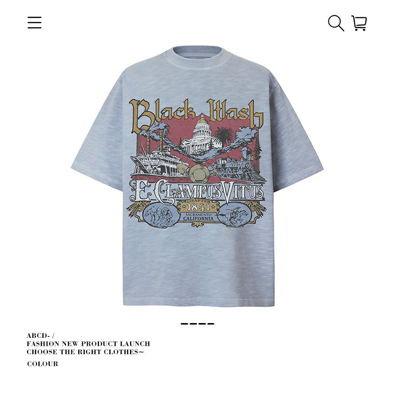 American vintage street T-shirt cotton men's summer loose