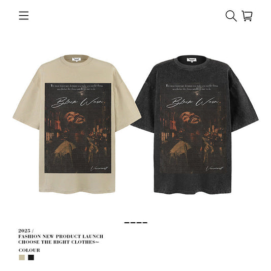 American vintage street T-shirt pure cotton retro men's and women's summer loose half sleeves