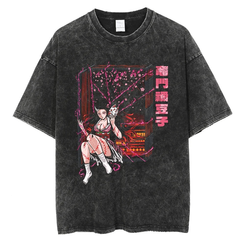 2024Harajuku Streetwear Black Washed T-Shirt Anime Graphic