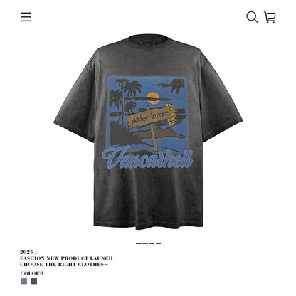 American vintage street T-shirt retro men's summer loose half-sleeved shirt