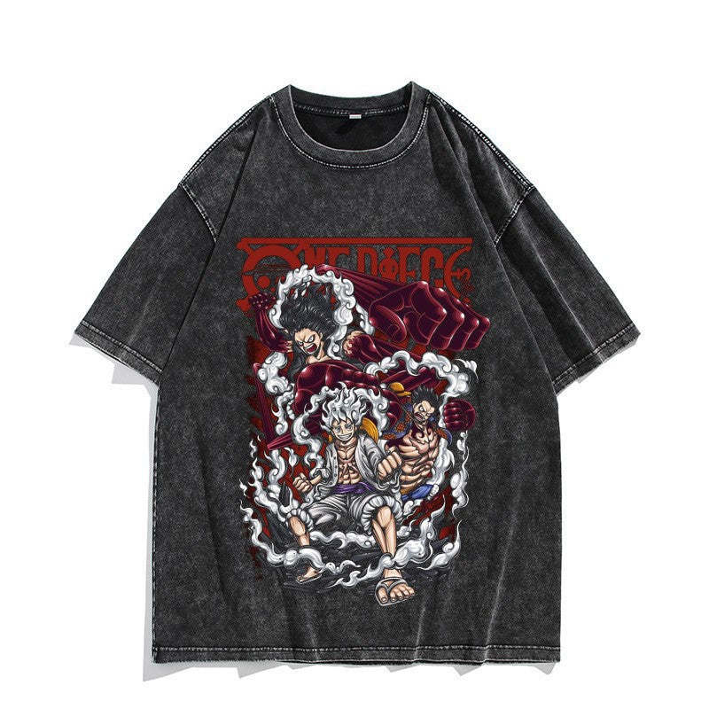 Anime Nika Luffy Washed Old Retro T-Shirt Short Sleeve