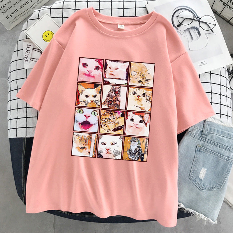 202412 Meme Cat Facial Expression Packs Print T-Shirt Women