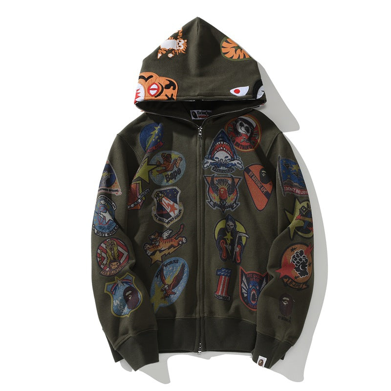 Bathing Ape Hoodie Joint Tiger Head Multi-pattern Printed Shark Hooded Cardigan Zip Sweater Jacket