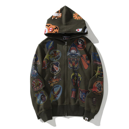 Bathing Ape Hoodie Joint Tiger Head Multi-pattern Printed Shark Hooded Cardigan Zip Sweater Jacket