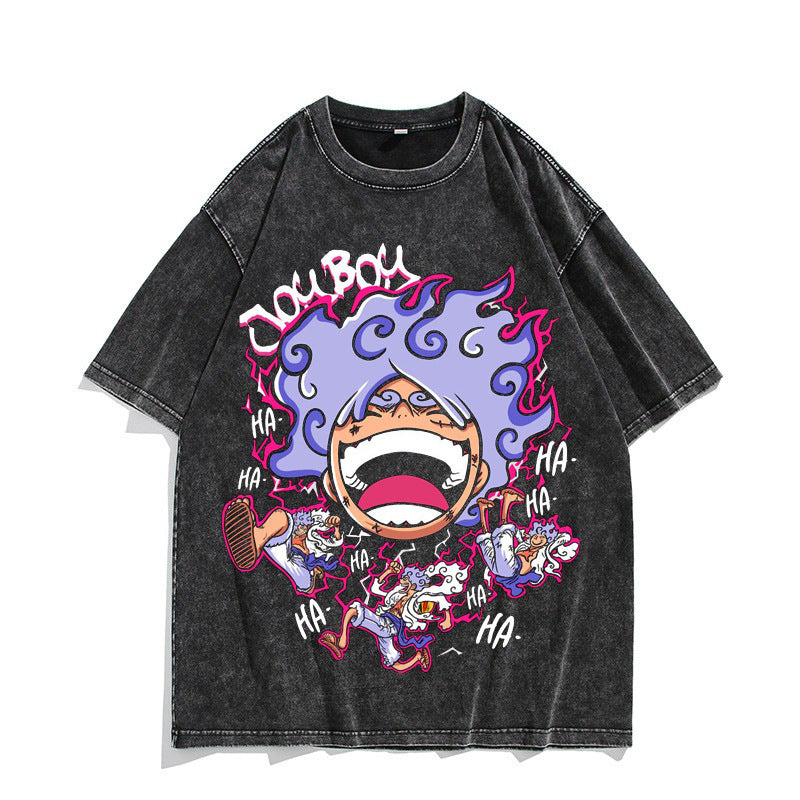 Anime Nika Luffy Washed Old Retro T-Shirt Short Sleeve