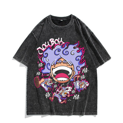 Anime Nika Luffy Washed Old Retro T-Shirt Short Sleeve