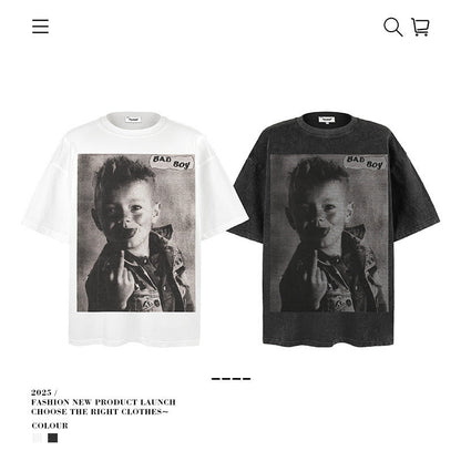 American vintage street T-shirt loose pure cotton men's summer