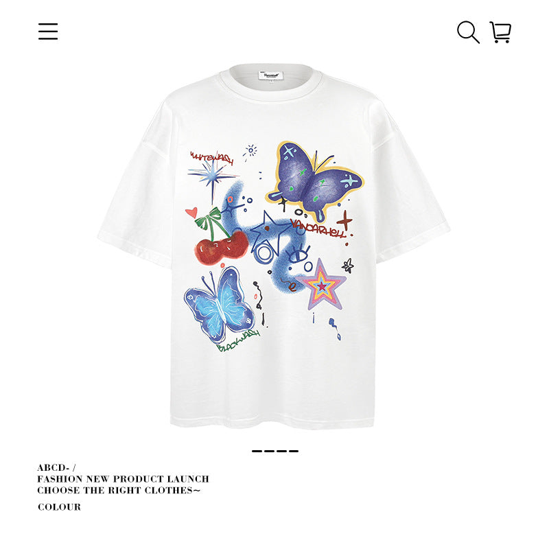 American vintage street T-shirt cotton men's summer loose