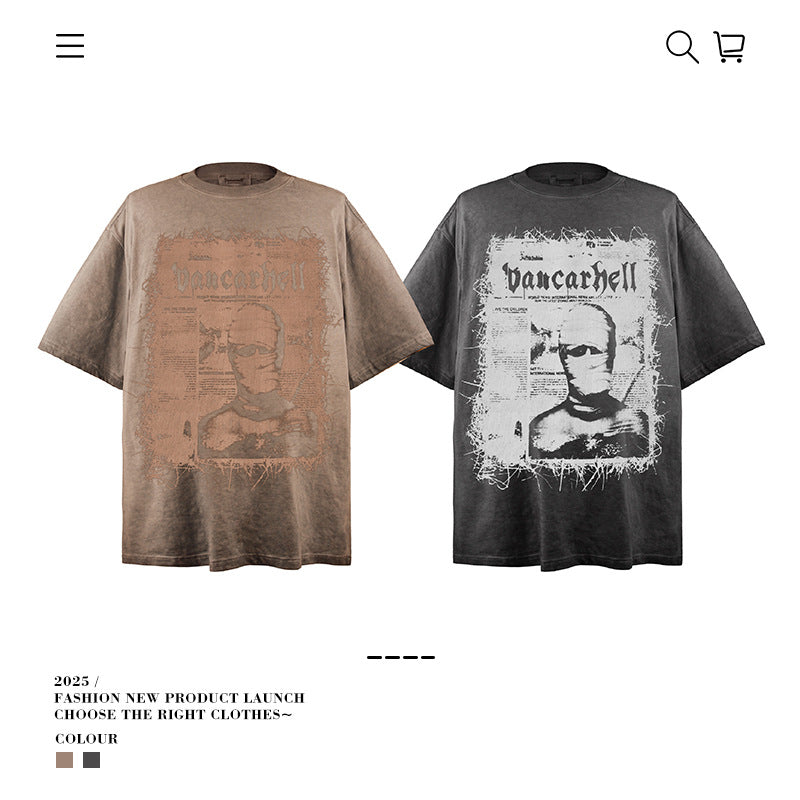 American vintage street T-shirt character print men's summer loose half sleeve